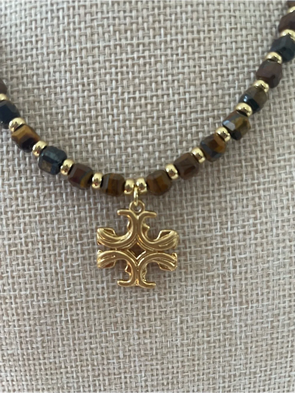 Tory Burch Brown Tiger Eye Beaded Necklace with Gold Cross Pendant